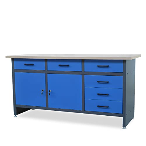 Jan Nowak Werkbank mit Arbeitsplatte Werktisch mit 6 Schubladen 2 Schließfächer Verstellbare Füße MDF-Arbeitsplatte Belastbar bis 500 kg Metall 170 cm x 60 cm x 85 cm Anthrazit-Blau Jan Nowak Werkbank mit Arbeitsplatte Werktisch mit 6 Schubladen 2 Schließfächer Verstellbare Füße MDF-Arbeitsplatte Belastbar bis 500 kg Metall 170 cm x 60 cm x 85 cm Anthrazit-Blau von Jan Nowak