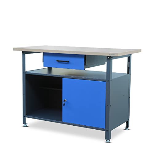 Werkbank mit Arbeitsplatte Werktisch mit Schublade Schließfach Verstellbare Füße Belastbar bis 400 kg Metall Anthrazit-Blau 120 cm x 60 cm x 85 cm von Jan Nowak