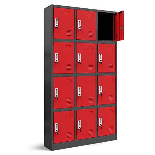 Jan Nowak Wertfachschrank 3B4A Fächerschrank Schließfachschrank mit 12 Fächern Metallspind Umkleideschrank Stahlblech Pulverbeschichtung Farbwahl 185 cm x 90 cm x 40 cm (H x B x T) (anthrazit/rot) von Jan Nowak