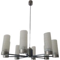 Vintage Chrom Textured Glass Chandelier/ Mid Century Modern Ceiling Light/ Retro Spider Sputnik Lamp von JanDorDesign