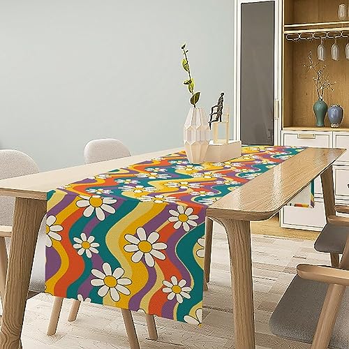 Groovy Blumen Tischläufer 60er 70er Jahre Retro Floral Niedlich Hippie Weiß Chrysantheme Blumendruck Tischläufer für Party Picknick Tischplatte Esszimmer Indoor Outdoor 33 x 91 cm von JanJCurt
