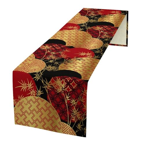 Japanischer Tischläufer, asiatischer chinesischer Luxus, rot/schwarz, goldfarben, Bambusblätter, Tischdecke für Esstisch, Urlaub, Party, Dekoration, orientalische Dekoration, 33 x 152,4 cm Japanischer Tischläufer, asiatischer chinesischer Luxus, rot/schwarz, goldfarben, Bambusblätter, Tischdecke für Esstisch, Urlaub, Party, Dekoration, orientalische Dekoration, 33 x 152,4 cm von JanJCurt