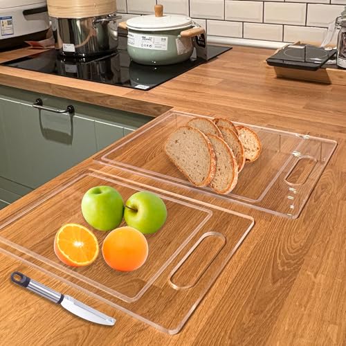 JanYoo 2 Pack Acryl Schneidebretter, küchenbrett Antibakteriell Cutting Board mit Saftrillen und Extra Breiter Griffe, Durchsichtige Schneidematten, Rutschfeste für die Küchentheke von JanYoo