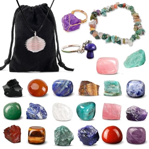 JanYoo 24 Stück Stein Kristall Edelsteine Set Deko Steine Handwerk Natürlichen Trommelsteinen Amethyst Poliert Farbe Steine Glückssteine für Meditation, Chakra, Balancing, Valentinstag von JanYoo