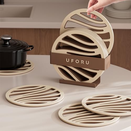 JanYoo 6er Set Topfuntersetzer Hitzebeständig rutschfest Topflappen für Küche & Tisch Modernes Design Küchenhelfer Set Runder Untersetzer Unterlage Ø 15,5cm(Braun) von JanYoo