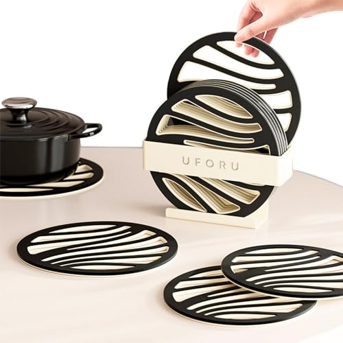 JanYoo 6er Set Topfuntersetzer Hitzebeständig rutschfest Topflappen für Küche & Tisch Modernes Design Küchenhelfer Set Runder Untersetzer Unterlage Ø 15,5cm(Schwarz) von JanYoo