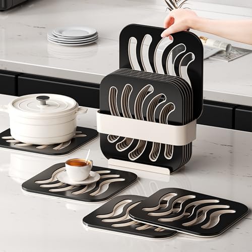 JanYoo 6er Set Topfuntersetzer Hitzebeständig rutschfest Topflappen für Küche & Tisch Modernes Design Küchenhelfer Set Untersetzer Unterlage Ø 15,5cm(Schwarz,Quadrat) von JanYoo