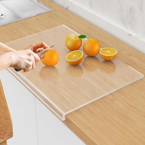 JanYoo Acryl Schneidebretter 40x30CM, Küchenschneidebrett Arbeitsplattenschoner mit Anschlagkante, Durchsichtige Schneidematten, Anti-Rutsch Frühstücksbrettchen für die Küchentheke (Transparent) von JanYoo