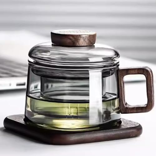 JanYoo Glas Teetasse mit Deckel und Sieb,200ml Nussbaumholz Losen Teebecher Teeglas Teebecher aus Borosilikat Glas Tasse mit Holzuntersetzern,Grau von JanYoo
