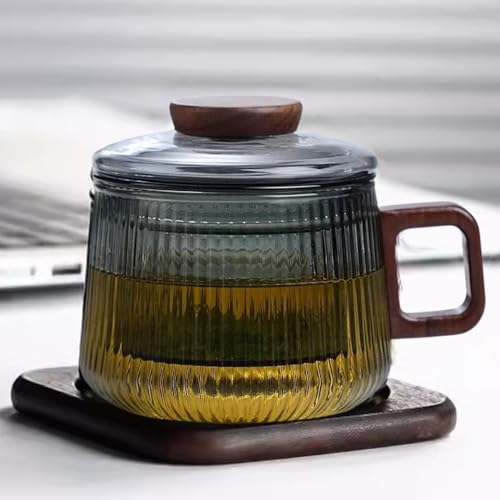JanYoo Glas Teetasse mit Deckel und Sieb,200ml Nussbaumholz Losen Teebecher Teeglas Teebecher aus Borosilikat Glas Tasse mit Holzuntersetzern,Graue Streifen von JanYoo