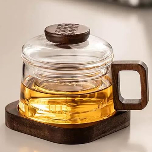JanYoo Glas Teetasse mit Deckel und Sieb,200ml Nussbaumholz Losen Teebecher Teeglas Teebecher aus Borosilikat Glas Tasse mit Holzuntersetzern,Klar von JanYoo