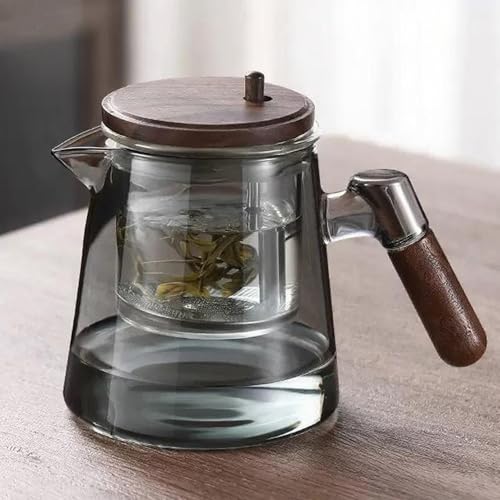 JanYoo One-Touch Teekanne Glas mit Siebeinsat, 750ml Losen Tee Zubereitung Teezubereiter, Magic Tea Maker mit Edelstahl Sieb und Nussbaumholz Griff(Blaugrau) von JanYoo