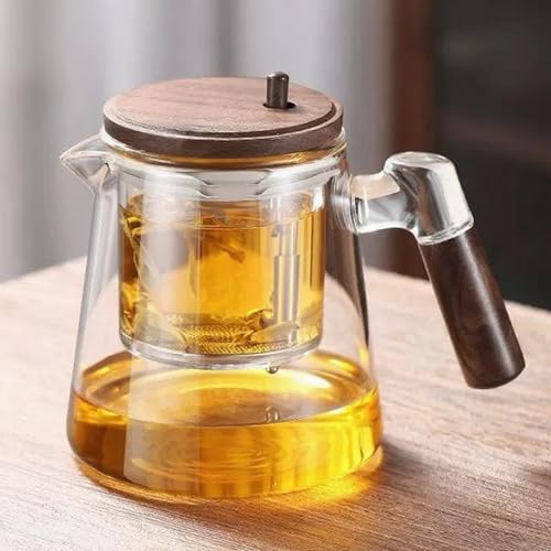 JanYoo One-Touch Teekanne Glas mit Siebeinsat, 750ml Losen Tee Zubereitung Teezubereiter, Magic Tea Maker mit Edelstahl Sieb und Nussbaumholz Griff(Transparent) von JanYoo