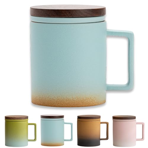JanYoo Teetasse mit Deckel und Sieb, 300ml Teebecher mit Teesieb und Deckel für Losen Tee, Blooming Tea, Keramik Farbverlaufende Glasur Teetassen Geschenke für Teeliebhaber (Blau) von JanYoo