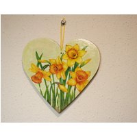 20 cm Narzissen Herz Aus Holz, Frühling Türdeko, Wanddeko Ostern, Grußkarte Geschenk Für Freundin von JanaPysanky