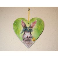 Frühlingshase 20 cm Holz Herz Schild, Frühling Deko, Oster Wanddekoration, Ostergrußkarte, Frohe Ostern von JanaPysanky