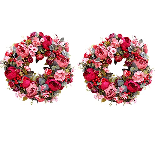 Janasiba 2X Dekorativer Tür Kranz, Seidenblume Pfingstrose Kopf Blumen Kranz 40cm Handgemachte Girlande für Herbst Winter Aussen Display Rot Janasiba 2X Dekorativer Tür Kranz, Seidenblume Pfingstrose Kopf Blumen Kranz 40cm Handgemachte Girlande für Herbst Winter Aussen Display Rot von Janasiba
