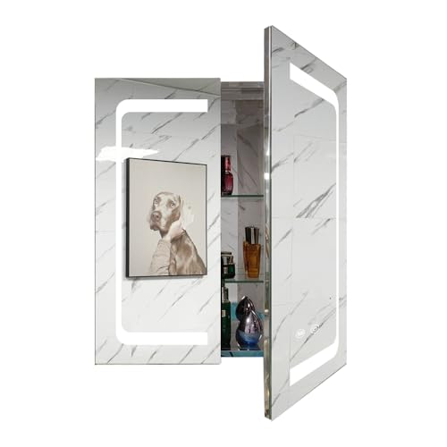 Janboe 61 x 71 cm beleuchteter LED-Spiegelschrank für Badezimmer, Edelstahl, wandmontierter Medizinschrank mit Doppel-Touch-Schaltern für Farbwechsel, Dimmer und Anti-Beschlag-Funktion von Janboe