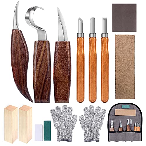 Holz-Schnitzwerkzeug Set, 14 Teiliges Holz Schnitzmesser mit Schleifsteine, Professional Holzschnitzerei Messer Werkzeuge ideales Schnitzmesser-Set für Anfänger und Profis mit Schnittfeste Handschuhe von Jane Choi