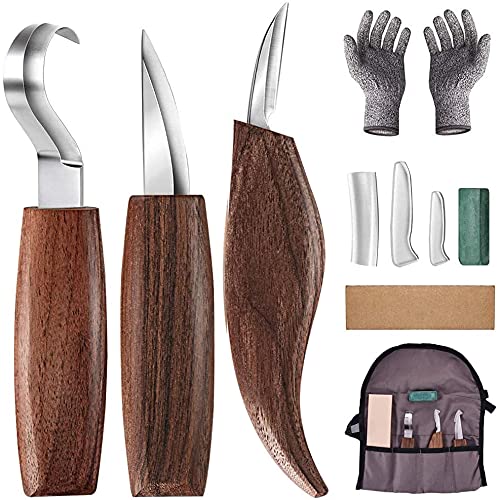 Holz-Schnitzwerkzeug Set, 7 Teiliges Holz Schnitzmesser mit Schleifsteine, Professional Holzschnitzerei Messer Werkzeuge ideales Schnitzmesser-Set für Anfänger und Profis mit Schnittfeste Handschuhe von Jane Choi