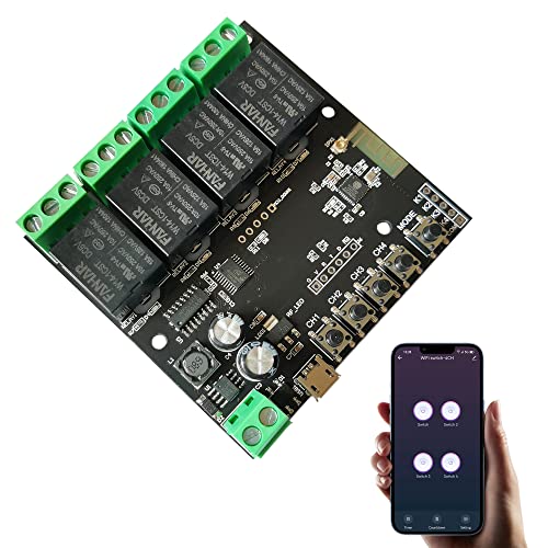 Jane Eyre 4 Kanal Smart WiFi Relais Schaltmodul Momentaner selbstverriegelnder Controller, DC 7–32 V DIY Fernbedienung Garagentor, kompatibel mit Alexa Google Assistant TUYA/Smart Life App von Jane Eyre