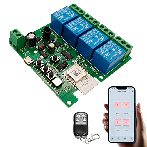 Jane Eyre 4 Kanal Tuya Zigbee Smart Switch, Jog/Selbstsperrendes Relais DC/AC 7-32V mit 433Mhz RF Fernbedienung für die Verwendung mit Alexa Google Home (erfordert Tuya ZigBee3.0 Gateway Hub) von Jane Eyre