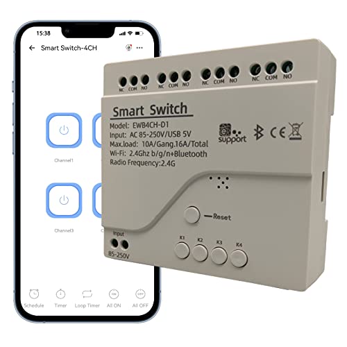 Jane Eyre 4 Kanal WiFi Smart Jog Schalter/selbstsicherndes Relais USB 5V/AC85V-250V Eingang, eWeLink APP, Kann per Bluetooth gesteuert werden, kompatibel mit Alexa Google Home von Jane Eyre