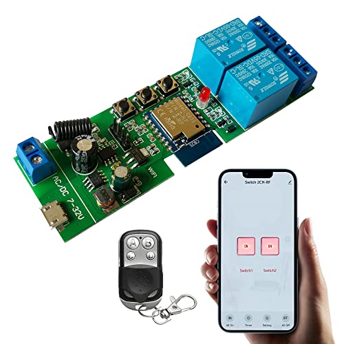 Jane Eyre WiFi Wireless Relay Module 2 Kanal Fernschalter, Momentan/Selbsthemmend relais, für Tuya/Smart Life APP, mit 433 MHz RF Fernbedienung, kompatibel mit Alexa und Google Assistant von Jane Eyre