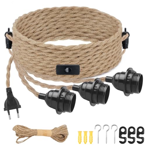 JaneYi E27 Fassung mit Kabel und Stecker Vintage Pendelleuchte 3-Flammige Lampenfassung mit Schalter Lampenkabel aus Hanfseil Hängelampe für Küche Bar Loft - Ohne Glühbirne von JaneYi