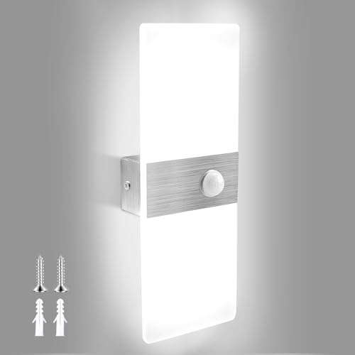 JaneYi Wandleuchte mit Bewegungsmelder Wandlampe Innen Kaltweiß 6000K 12W Wandbeleuchtung LED Acryl Moderne Indirekte Beleuchtung Lampe Wand für Flur Treppenhaus Balkon Wohnzimmer von JaneYi