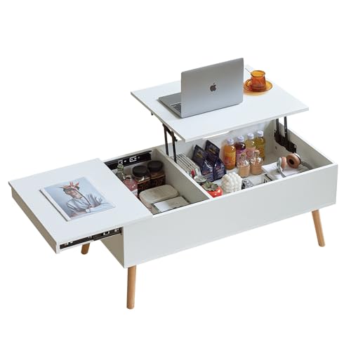 JanflyHome Couchtisch,Höhenverstellbarer Couchtisch mit Schiebeplatte, 2 Große Separates Verstecktes Ablagefach, Wohnzimmertisch, Weiß -100 x 50 x 43.5 cm von JanflyHome