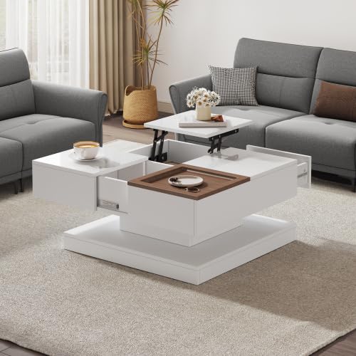 JanflyHome Moderner Couchtisch mit Hebefunktion, Weiß und Holz, 75,5x75,5x38cm, Multifunktionaler Wohnzimmertisch, Hochglanz, 4 Staufächer, Abnehmbares Tablett von JanflyHome