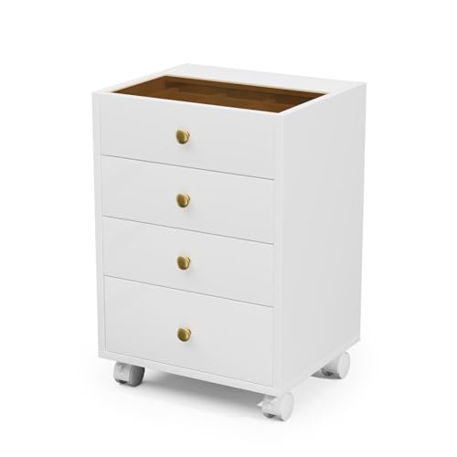 JanlyHome Kleine Kommode mit 4 Schubladen unter dem Schreibtisch, Home Office Storage Aktenschrank mit Glasplatte, mobiler Druckerständer mit feststellbaren Rädern für Home Office Arbeitszimmer, Weiß von JanflyHome