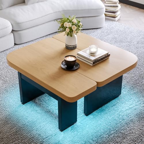 Moderner Couchtisch mit LED-Design aus umweltfreundlichem Holz, 2-in-1-Design, beliebige Kombination, Design in natürlicher Holzfarbe, 2 Schubladen, weiche Rundungen, höhenverstellbare Füße von JanflyHome