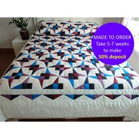 Custom Handmade Flutterby Quilt Blau, Patchwork Queen Tagesdecke, Cal Handgefertigte Quilt, Amish Blau Geschenk Für Besonderen Anlass von JangThaiHandicrafts