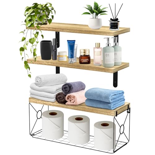 Jangostor Schwimmende Wandregal mit Drahtkorb für Wand, Satz von 3 Schweberegale Wandregal, 40 cm Schwebende Regale aus Holz für Badezimmer Schlafzimmer Wohnzimmer Home Wand Dekor, Rustikal von Jangostor