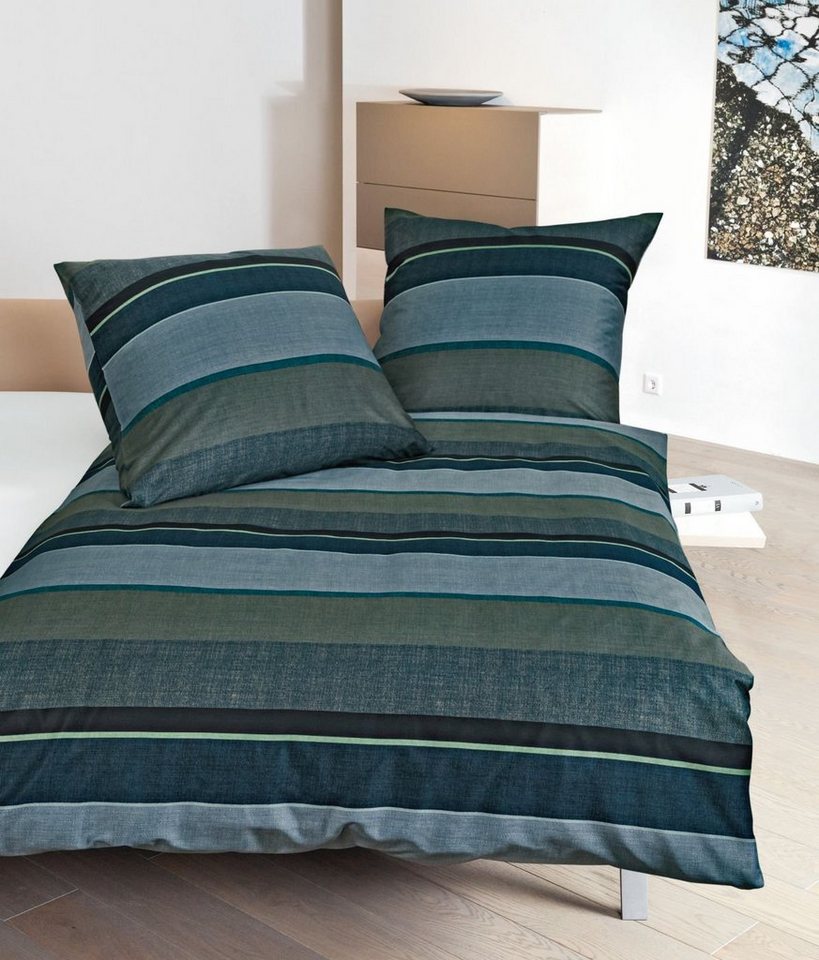 Bettwäsche 155 x 220 cm Mako-Satin moments, Janine, Baumwollmischung, 98085-006-512 grünblau Warme Winter Fein-Biber Bettbezug Kopfkissenbezug 100% Baumwolle Duvet Cover mit Reißverschluss von Janine