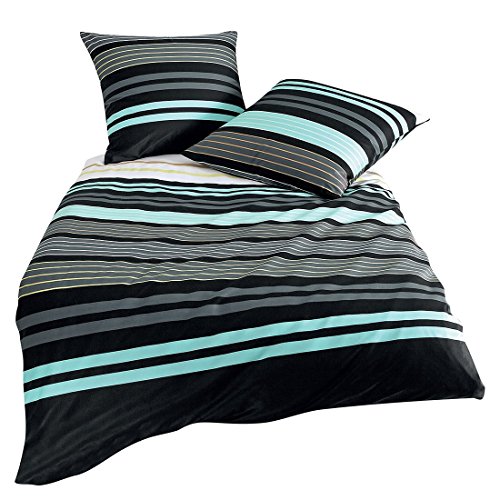 Janine Bettwäsche J.D. 8464 02 Aqua Graphit Streifen Mako Satin, Größe:200x220 cm + 2 x 80x80 cm von Janine