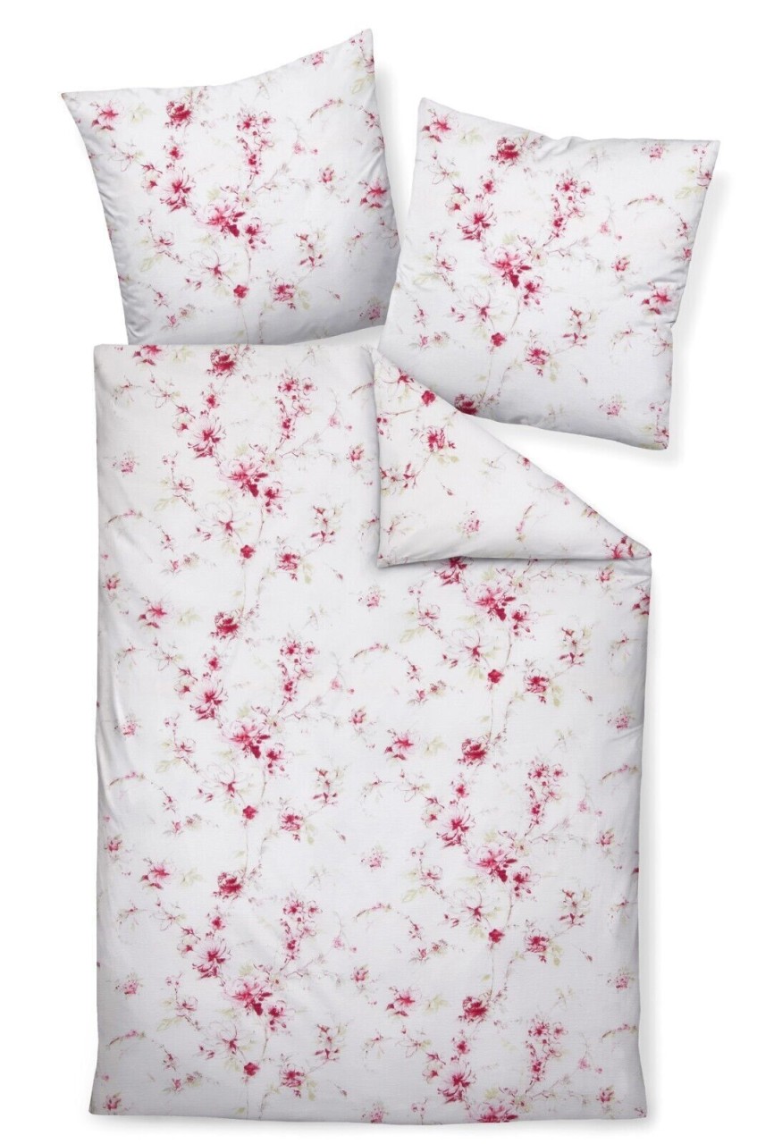 Janine Soft-Seersucker Bettwäsche 135x200 Blumen Rosen weiß rot rosa 20096-01 von Janine