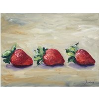 Original-Gemälde, Erdbeeren in Öl Auf Holz, Obst-Malerei, Drei Erdbeeren, Kleine Malerei, Rote Frucht, Malerei Panel von JanineWallArt