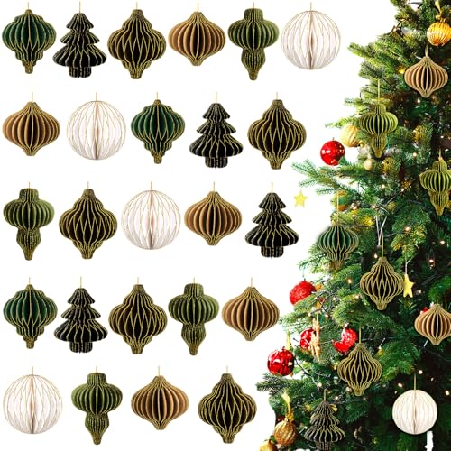 Janinka 24 Stück Weihnachtspapier Wabenornamente 3D Mini Glitzer Rand Wabenlaterne wiederverwendbar Vintage Juli hängende neutrale Ornamente für Baumdekoration (helle Farbe) von Janinka