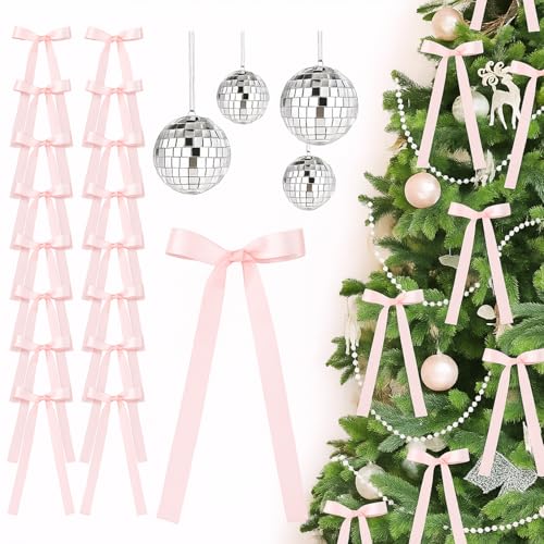 Janinka 48-teiliges Weihnachtsbaumschmuck-Set enthält 24 große Satinschleifen, 24 Discokugeln, Mini-Spiegel, silberfarbene Disco-Ornamente für Zuhause, Weihnachtsbaum, Party-Dekoration von Janinka