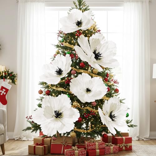 Janinka 6 Stück 55,9 cm 30,5 cm extra große Magnolien-Weihnachtsblumen, künstliche Magnolie, Blumenornamente, Stiele, große künstliche Blumen, Weihnachtsbaumschmuck für Weihnachtsbaum, Kranz, Girlande von Janinka