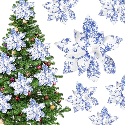 Janinka Blaue und weiße Chinoiserie Weihnachtsdekorationen, Weihnachtsstern, chinesischer Stoff, künstliche Blumen-Sprühstiele für Weihnachtsbaum, Großjahrtausend-Dekoration, Partyzubehör, 8 Stück von Janinka