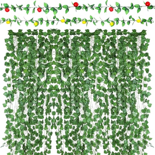 Janinka Sukkah-Dekorationsset, Sukkot-Hängedekorationen, 2,1 m künstliches Grün und 2,3 m Obstreben, künstliche grüne Blätter für Urlaub, Party, Outdoor, Wand, Hochzeit, 14-teilig von Janinka
