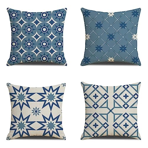 4er Set Blaues Gitter-Patchwork Kissenbezug 40x40cm Sofakissen Kissenbezüge Leinen Deko Kissen Kissenhülle mit Unsichtbarem Reißverschluss Quadrat Kopfkissenbezug für Sofa Schlafzimmer Wohnzimmer J575 von Janktie