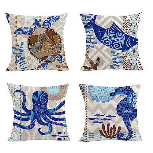 4er Set Blaues Meer Kissenbezug 60x60cm Sofakissen Groß Kissenbezüge Leinen Deko Kissen Kissenhülle mit Unsichtbarem Reißverschluss Quadrat Kopfkissenbezug für Sofa Schlafzimmer Wohnzimmer J342 von Janktie