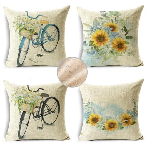 Outdoor Kissen Frühling Kissenbezug 30x30 cm Kopfkissen 4er Set Sofakissen Wetterfest Kissenhülle Dekokissen Blumen Kissenbezüge Leinen Couchkissen Zierkissenbezug für Gartenmöbel Zuhause Dekor F762 von Janktie