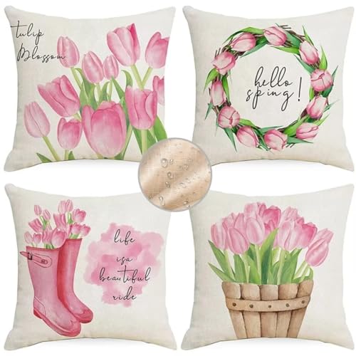 Outdoor Kissen Frühling Kissenbezug 40x40 cm Kopfkissen 4er Set Sofakissen Wetterfest Kissenhülle Dekokissen Rosa Kissenbezüge Quadratische Leinen Couch Zierkissen für Gartenmöbel Zuhause Dekor F758 von Janktie