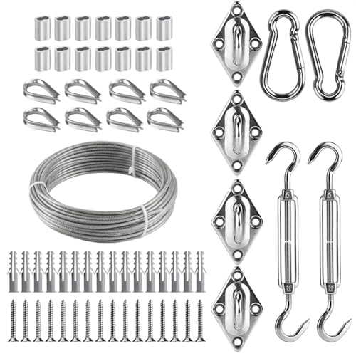 Drahtseil, Stahlseil 5 mm/6 mm rechteckiges Hardware-Befestigungsset for Sonnenschutzsegel. 15 m/3,0 Edelstahl-beschichtetes Drahtseil. Geeignet for die Installation von Markisenzubehör(5mm) von Janmobrian